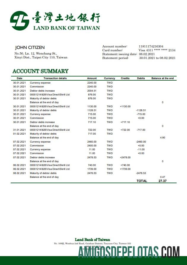 Modelo de extrato bancário do Taiwan Land Bank Of Taiwan para download em formato Word e PDF